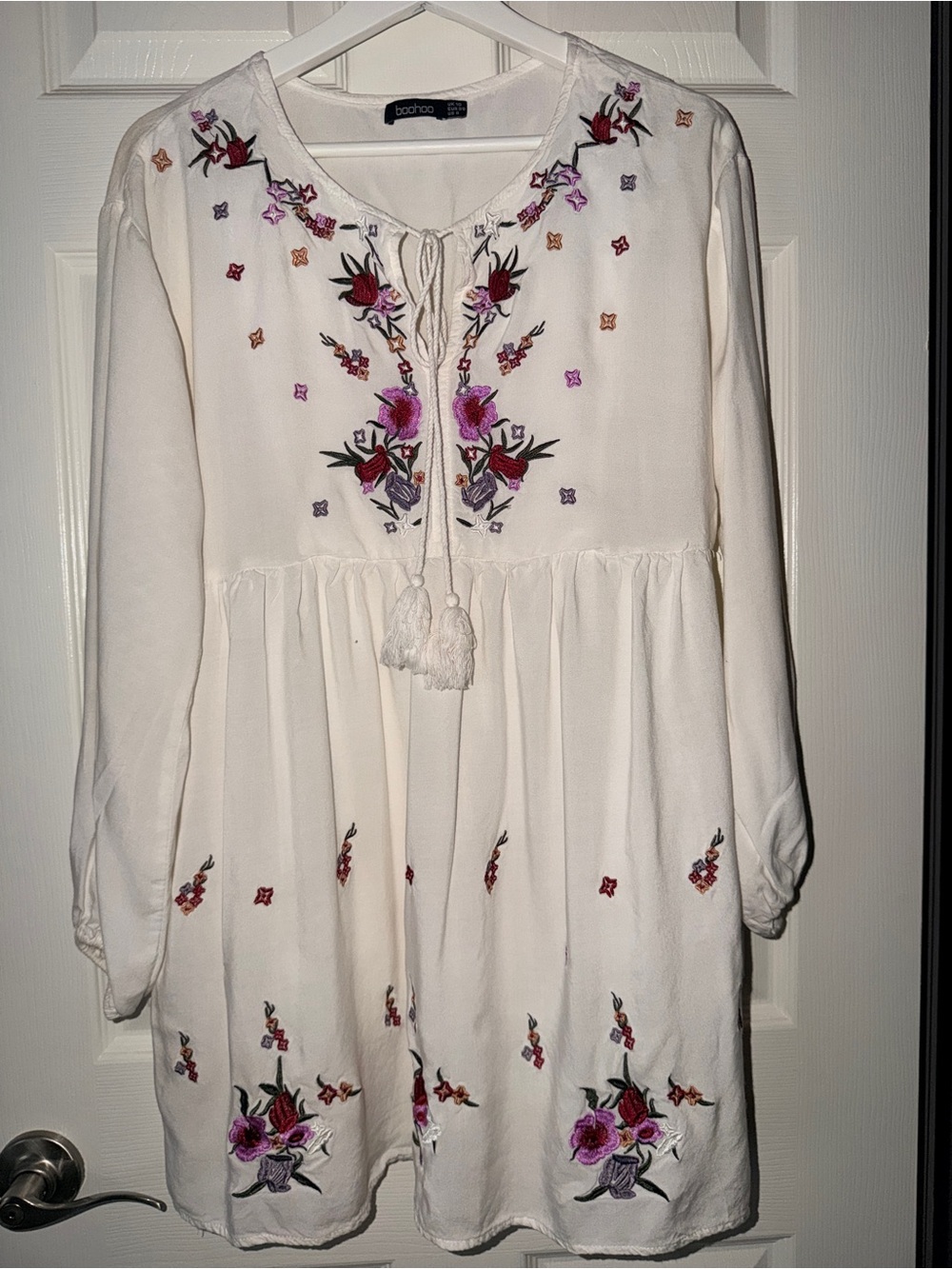 Boohoo Cream Embroidered Peasant Dress with Pink & Red Floral Detail